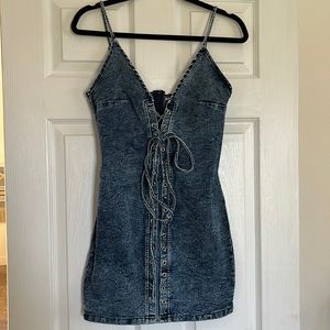 Denim dress with black zip enclosure